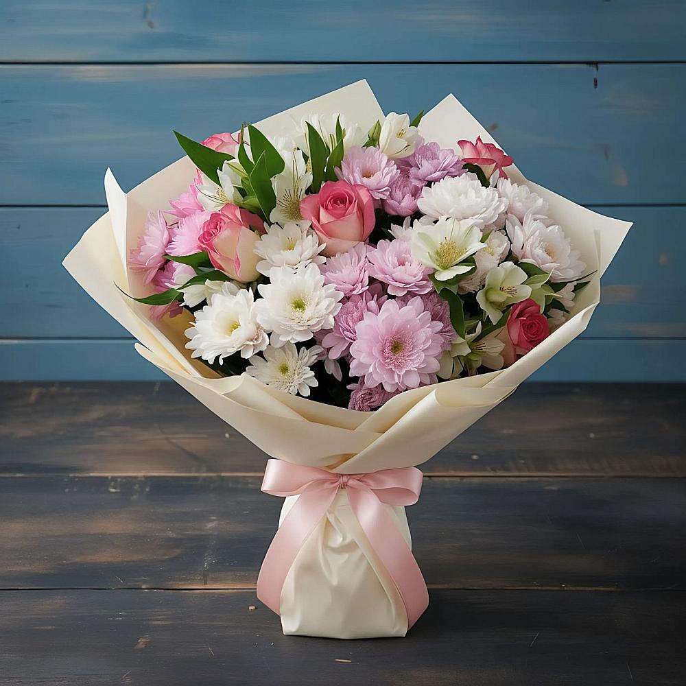 Букет цветов из: Хризантемы, Альстромерии и Розы в Ховрино